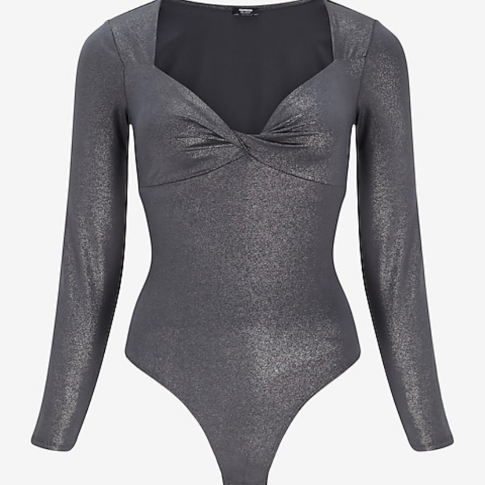 Express Body Contour Metallic Gray Twist Front Body Suit - Picture 10 of 11